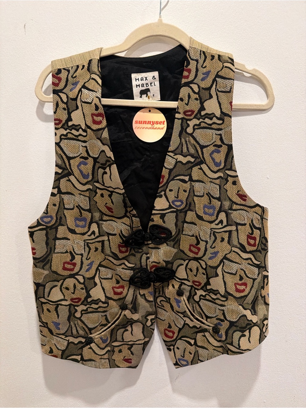 Beige Patterned Vest - Beige with Red & Blue Accents